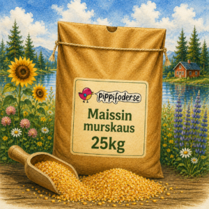 25 kg:n maissimurskaa Pippifoder-tuotemerkiltä, jossa on maissia ja kauha järvenrannalla