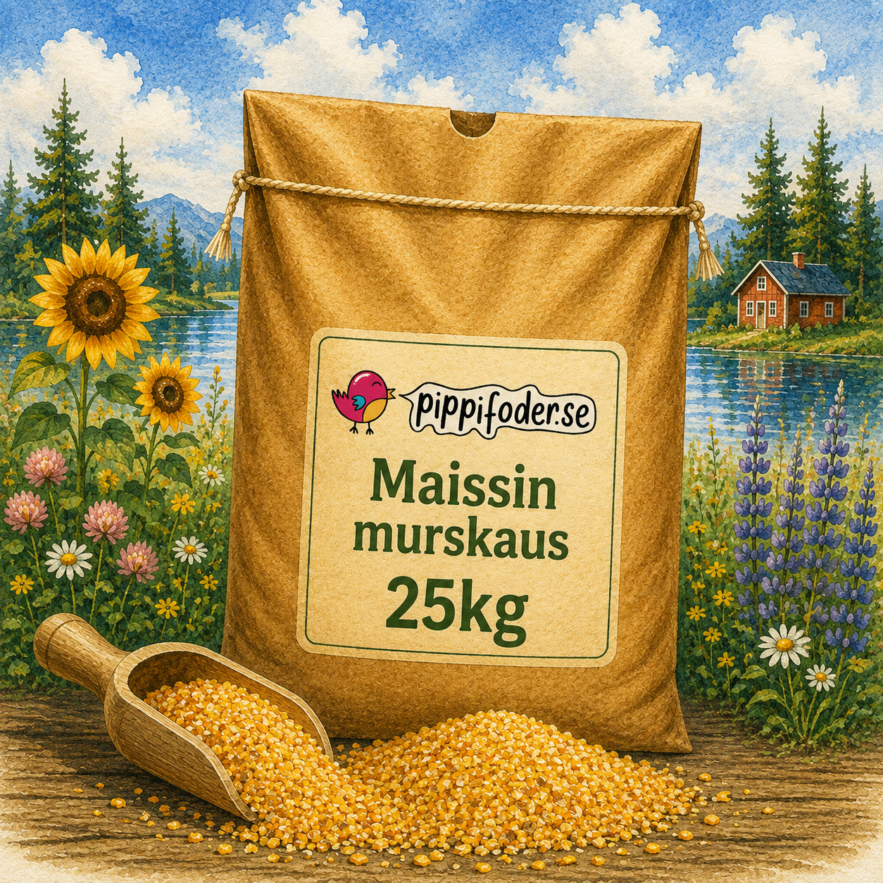 Maissin murskaus 25kg 1 25 kg:n maissimurskaa Pippifoder-tuotemerkiltä, jossa on maissia ja kauha järvenrannalla