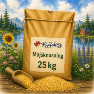 Fuglefoder til vilde fugle 23 Majskross 25 kg fra Pippifoder med majs og skovl i et miljø tæt på søen