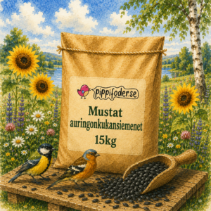 Mustia auringonkukansiemeniä 15 kg Pippifoderilta; kuvassa auringonkukansiemeniä säkin vieressä.