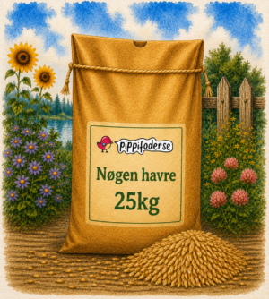 Nøgenhavre 25 kg fra Pippifoder i et gårdsmiljø med blomster rundt om