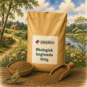 En säck med ekologiskt bovete 10kg på ett bord.