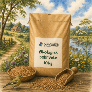 En säck med ekologiskt bovete 10kg på ett bord.