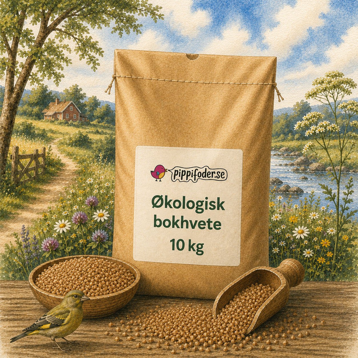 Økologisk bokhvete 10 kg 1 En säck med ekologiskt bovete 10kg på ett bord.