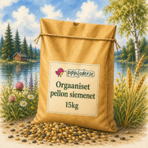 Luomupeltojen siemenet 15 kg — ruskea säkki, Pippifoderin luomusiemeniä, jotka on levitetty luonnonympäristöön järven rannalla