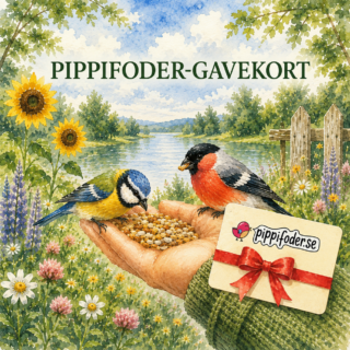 Gavekort med Pippi-motiv, hvor fugle spiser af en hånd ved en sø