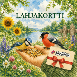 Pippifoder-lahjakortti, jossa linnut syövät kädestä järven rannalla