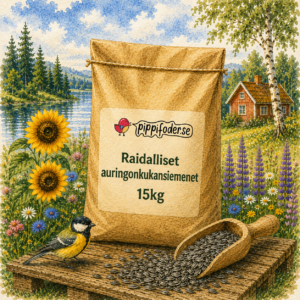 Pippifoderin raidalliset auringonkukansiemenet, 15 kg; auringonkukansiemeniä säkin vieressä