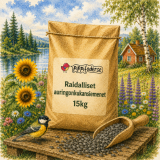 Pippifoderin raidalliset auringonkukansiemenet, 15 kg; auringonkukansiemeniä säkin vieressä