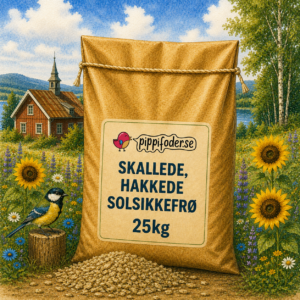 Fuglefoder til vilde fugle 14 Afskallede, hakkede solsikkefrø, 25 kg fra Pippifoder, med frøene foran på sækken.