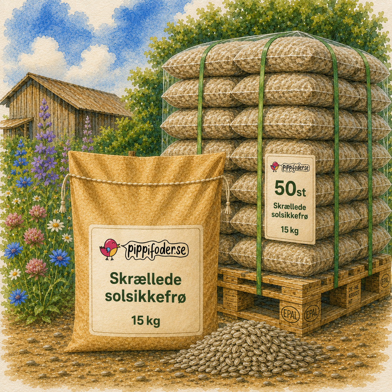 Skrællede solsikkefrø 15 kg - Helpall (50 stk.) 1 Palle med 50 sække afskallede solsikkefrø à 15 kg fra Pippifoder