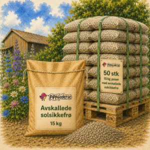 Pall med 50 sekker med skallede solsikkefrø à 15 kg fra Pippifoder