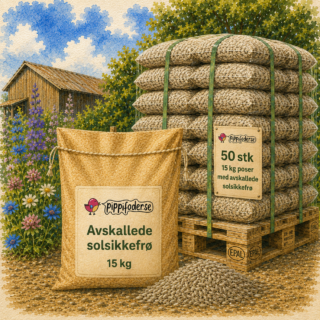 Pall med 50 sekker med skallede solsikkefrø à 15 kg fra Pippifoder