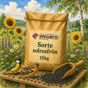 Fuglefoder til vilde fugle 19 Sorte solsikkefrø, 15 kg fra Pippifoder, med solsikkefrø ved siden af sækken.