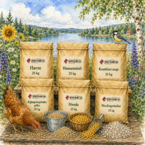 Flera produkter från Pippifoder: Havre 25 kg, Hönsmüsli 25 kg, Majskross 25 kg, Värppellets 25 kg, Vete 25 kg och Snäckskal 15 kg uppställda utomhus.