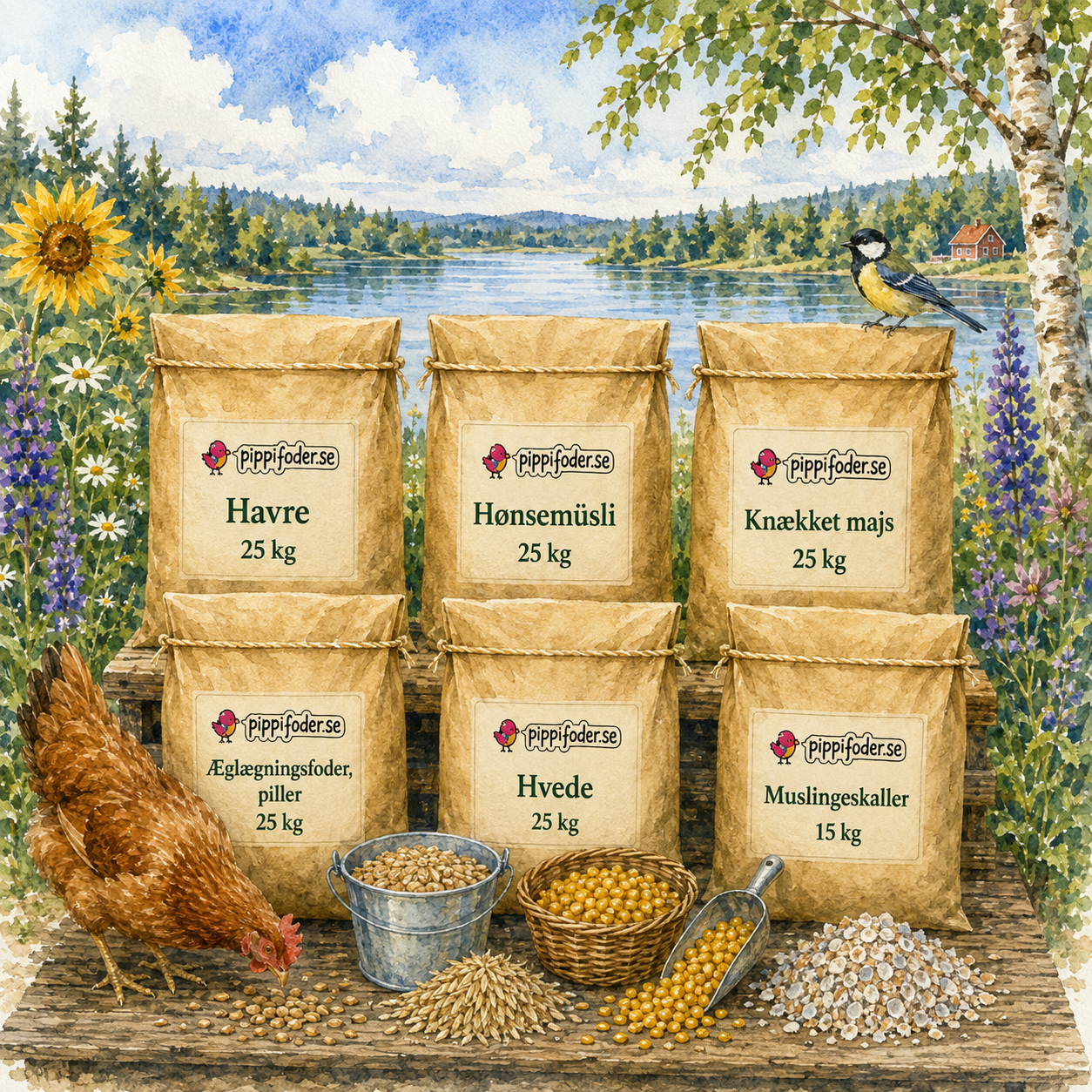 Store kyllingestalde, 5% rabat 1 Flera produkter från Pippifoder: Havre 25 kg, Hönsmüsli 25 kg, Majskross 25 kg, Värppellets 25 kg, Vete 25 kg och Snäckskal 15 kg uppställda utomhus.