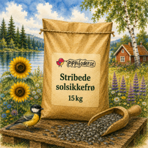Fuglefoder til vilde fugle 20 Stribede solsikkefrø 15 kg fra Pippifoder med solsikkefrø ved siden af sækken