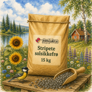 Mat til småfugler 2025 - Tips og råd 17 Stripete solsikkefrø 15 kg fra Pippifoder, med solsikkefrø ved siden av sekken