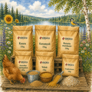 Flera produkter från Pippifoder: Havre 25 kg, Hönsmüsli 25 kg, Majskross 25 kg, Värppellets 25 kg, Vete 25 kg och Snäckskal 15 kg uppställda utomhus.