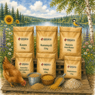 Flera produkter från Pippifoder: Havre 25 kg, Hönsmüsli 25 kg, Majskross 25 kg, Värppellets 25 kg, Vete 25 kg och Snäckskal 15 kg uppställda utomhus.