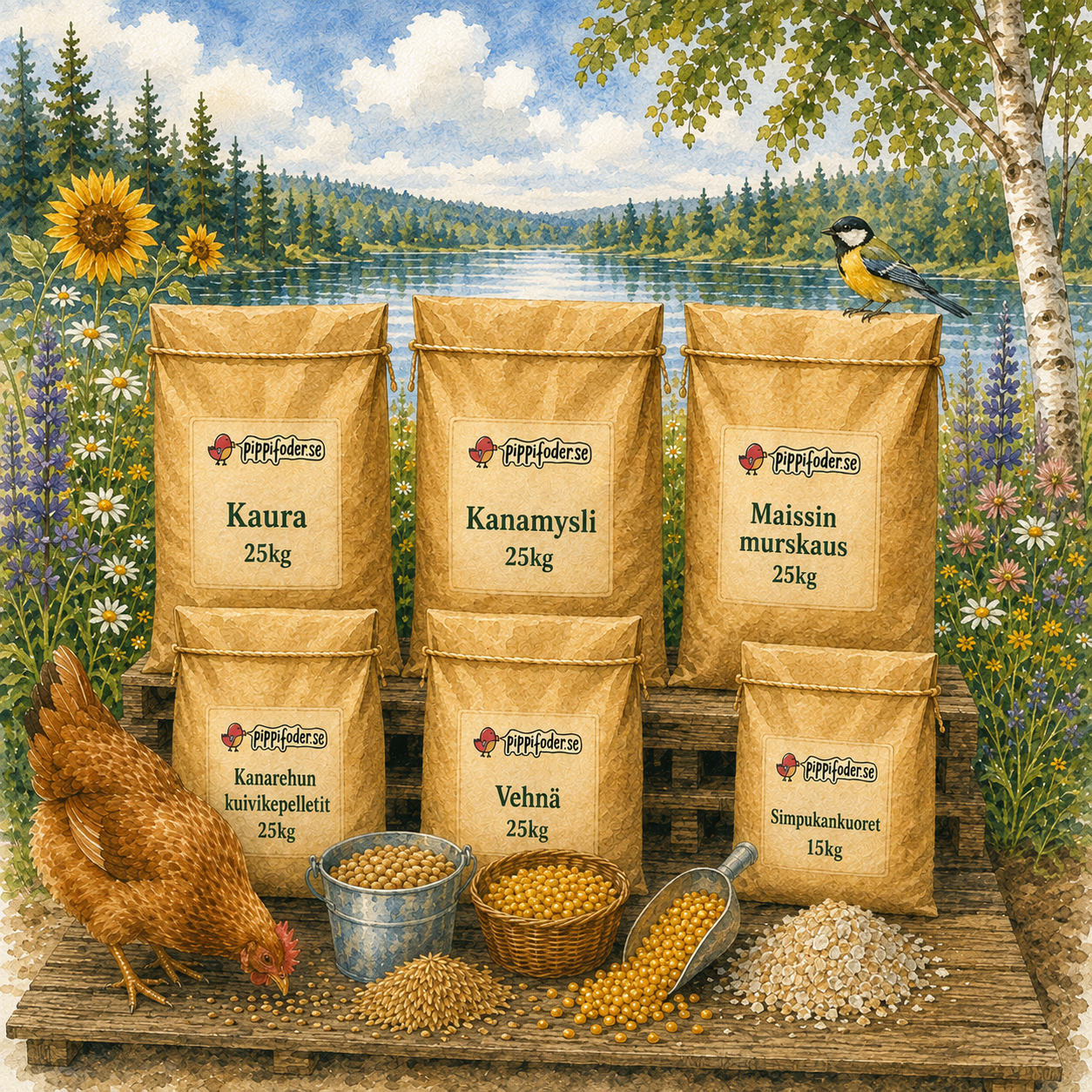 Suuret kanakarsinat, 5% alennus 1 Flera produkter från Pippifoder: Havre 25 kg, Hönsmüsli 25 kg, Majskross 25 kg, Värppellets 25 kg, Vete 25 kg och Snäckskal 15 kg uppställda utomhus.