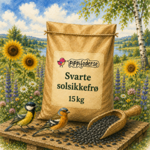 Mat til småfugler 2025 - Tips og råd 19 Svarte solsikkefrø 15 kg fra Pippifoder, med solsikkefrø ved siden av sekken.