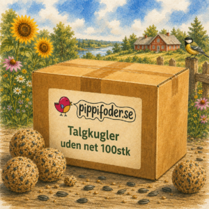 Talgollar utan nät 100 st från Pippifoder med flera talgbollar placerade framför förpackningen.