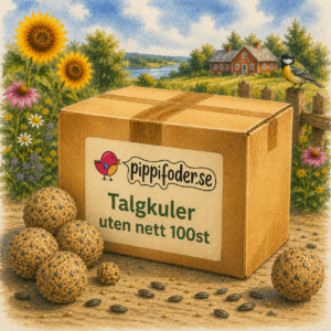 Talgollar utan nät 100 st från Pippifoder med flera talgbollar placerade framför förpackningen.