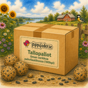 Talgollar utan nät 100 st från Pippifoder med flera talgbollar placerade framför förpackningen.