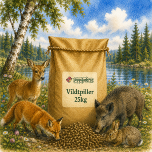 Vildtfoderpiller 25 kg — brun sæk med vildtfoder fra Pippifoder med rådyr, ræv, vildsvin og kanin, der spiser ved en sø i naturen
