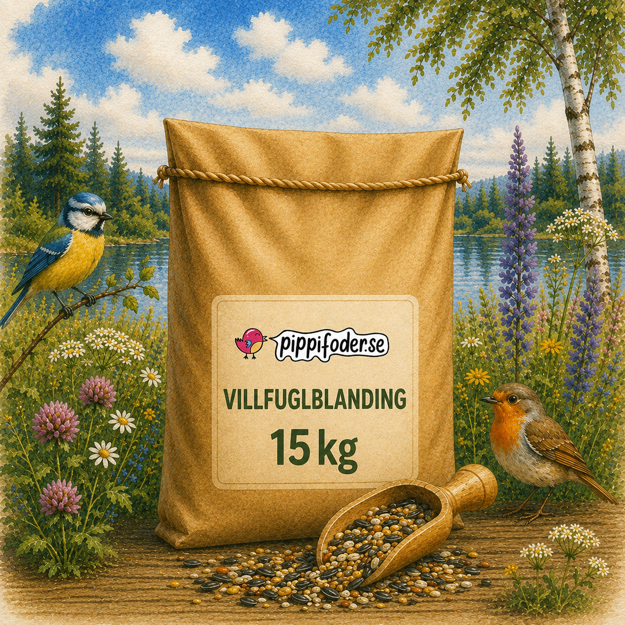 Villfuglblanding 15 kg 1 Fuglefrøblanding for ville fugler 15 kg — brun sekk med fuglefrø fra Pippifoder, med to småfugler og en frøskål i naturlige omgivelser.