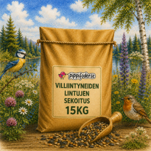 Luonnonlintujen ruokaseos 15 kg — ruskea säkki, jossa on Pippifoderin lintujen siemeniä; kuvassa kaksi pientä lintua ja siemenkulho luonnonympäristössä.