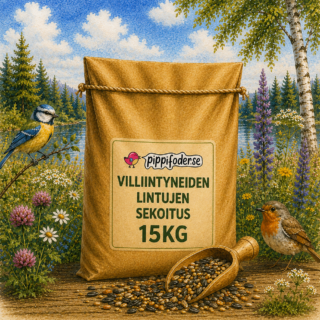 Luonnonlintujen ruokaseos 15 kg — ruskea säkki, jossa on Pippifoderin lintujen siemeniä; kuvassa kaksi pientä lintua ja siemenkulho luonnonympäristössä.