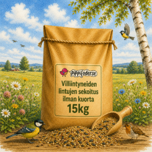 Kuorettomat luonnonlintujen siemenet 15 kg — ruskea säkki Pippifoderin lintusiemeniä, mukana siemenkaukalo ja pienlintuja luonnonympäristössä