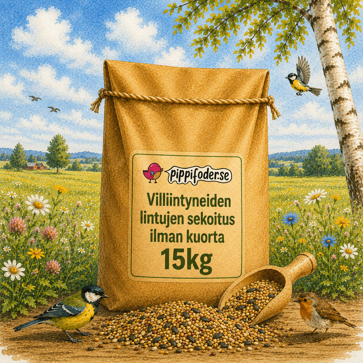 Villiintyneiden lintujen sekoitus ilman kuorta 15kg 1 Kuorettomat luonnonlintujen siemenet 15 kg — ruskea säkki Pippifoderin lintusiemeniä, mukana siemenkaukalo ja pienlintuja luonnonympäristössä