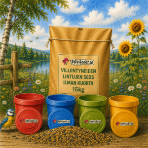 Kuoriton luonnonlintujen siemensekoitus 15 kg — ruskea säkki Pippifoderin lintusiemeniä, värilliset ruokintatynnyrit ja siemenjätteet kukkivaan niitylle