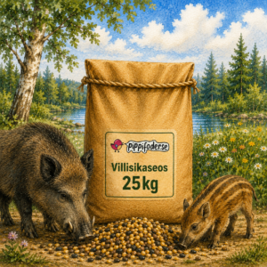Villisikaseos 25 kg — ruskea säkki, Pippifoderin villisikarokaa, jossa on kaksi metsässä ruokailemassa olevaa villisikaa