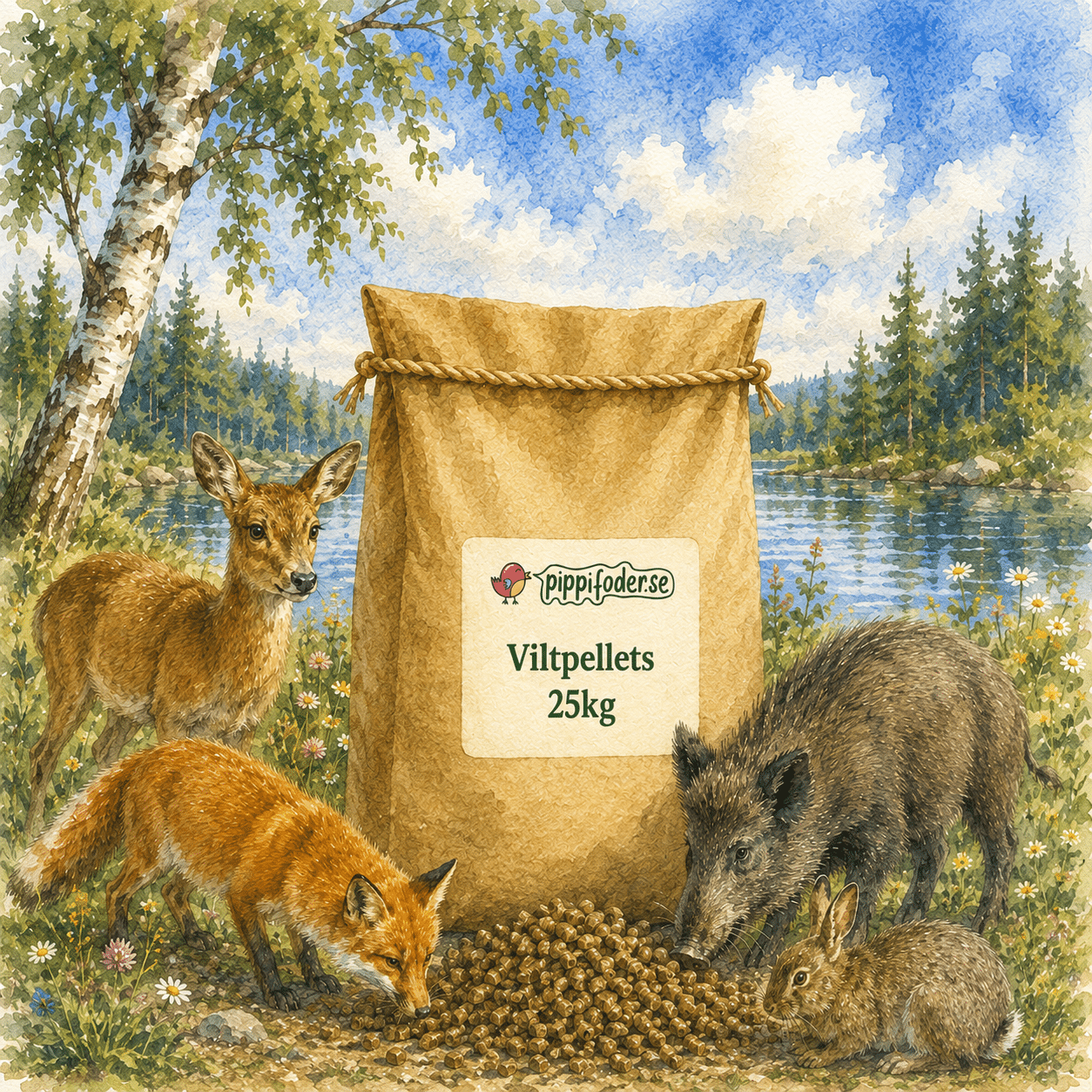Viltpellets 25 kg 1 Viltpellets 25 kg — brun sekk med viltfôr fra Pippifoder, med rådyr, rev, villsvin og kanin som spiser ved en innsjø i naturlige omgivelser