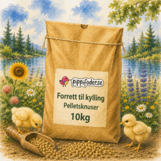 Sekk med kyllingfôr og kyllinger
