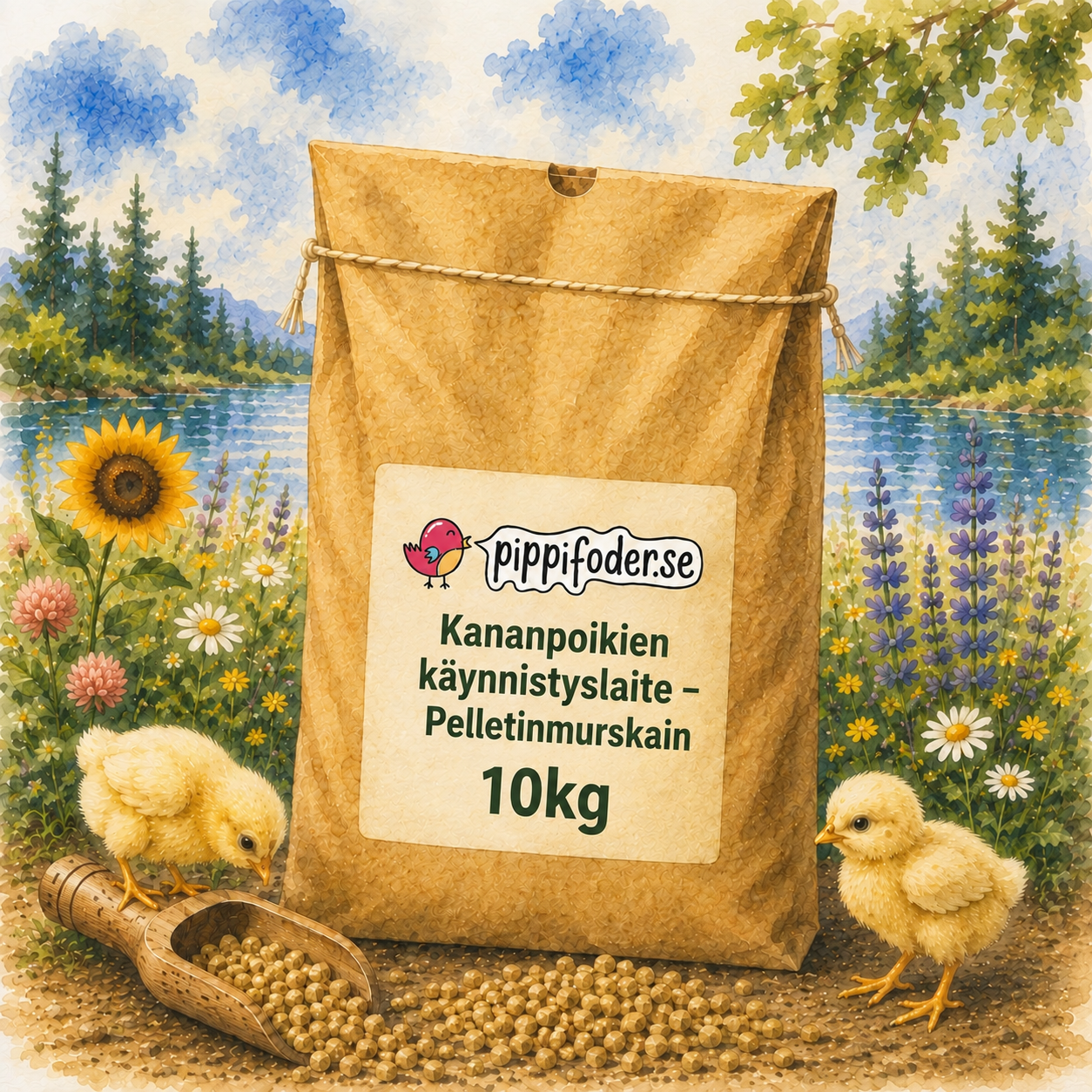 Kananpoikien käynnistyslaite - Pelletinmurskain - Pelletinmurskain (kopia) 1 Säck med kycklingfoder och kycklingar